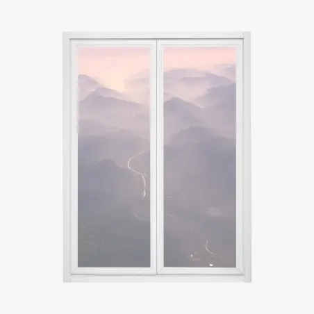 Sticker pour vitres et fenêtres paysage brumeux de montagnes et rivière au crépuscule – Wallnifity®