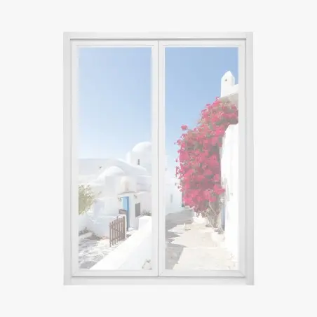 Sticker pour vitres et fenêtres ruelle méditerranéenne aux maisons blanches et bougainvillier – Wallnifity®