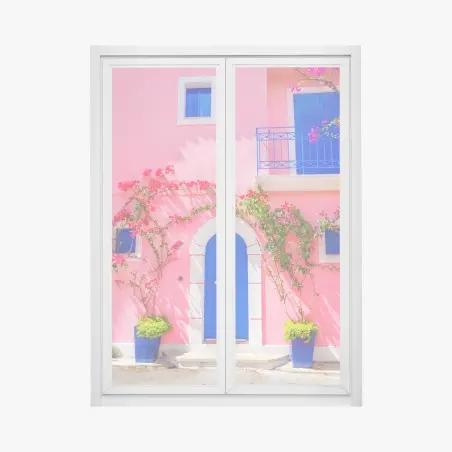 Sticker pour vitres et fenêtres porte bleue sur façade rose aux bougainvilliers – Wallnifity®