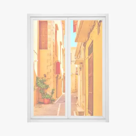 Sticker pour vitres et fenêtres ruelle ensoleillée à Rethymno, Crète – Wallnifity®