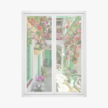 Sticker pour vitres et fenêtres patio fleuri aux portes vertes – Wallnifity®