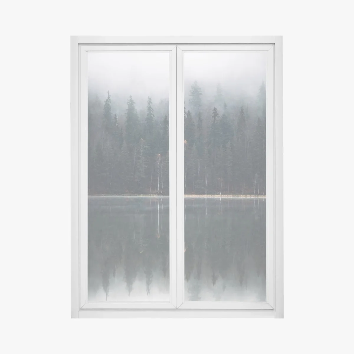 Sticker pour vitres et fenêtres forêt brumeuse au bord du lac, reflet apaisant – Wallnifity® Sticker pour vitres et fenêtres forêt brumeuse au bord du lac, reflet apaisant – Wallnifity®
