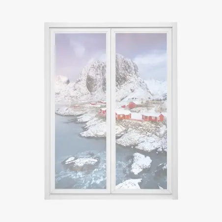 Sticker pour vitres et fenêtres village de cabanes rouges au pied des montagnes – Wallnifity®
