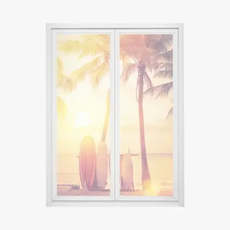 Sticker pour vitres et fenêtres coucher de soleil tropical avec planches de surf – Wallnifity®