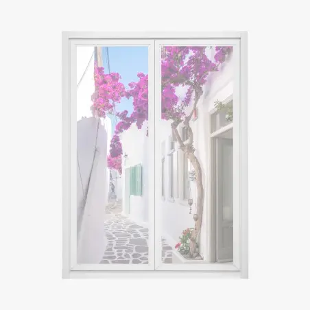 Sticker pour vitres et fenêtres ruelle blanche ensoleillée au bougainvillier – Wallnifity®