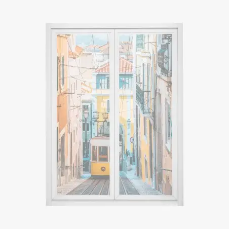 Sticker pour vitres et fenêtres vue colorée de l'Elevador da Bica, Lisbonne – Wallnifity®