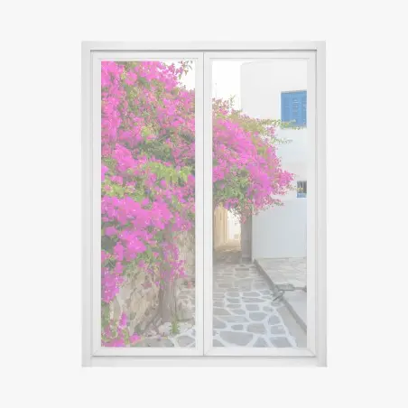 Sticker pour vitres et fenêtres ruelle cycladique fleurie à Naousa, Paros, Grèce – Wallnifity®
