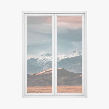 Sticker pour vitres et fenêtres contraste saisissant entre dunes et montagnes enneigées – Wallnifity®
