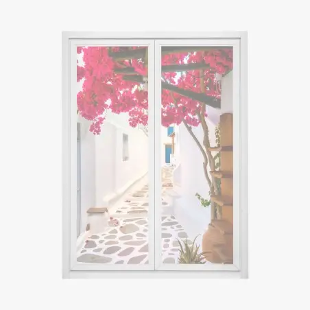 Sticker pour vitres et fenêtres ruelle aux bougainvilliers et pavés blancs – Wallnifity®