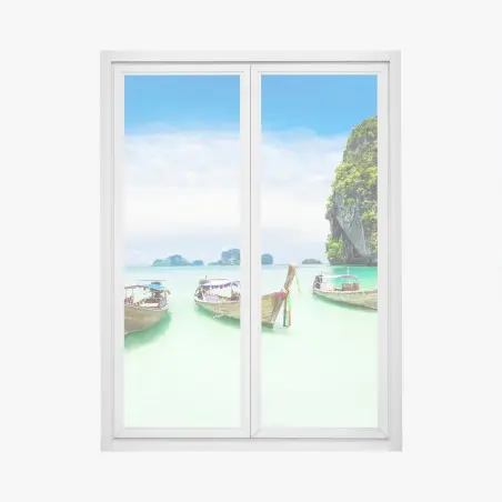 Sticker pour vitres et fenêtres évasion tropicale : bateaux traditionnels sur eau turquoise – Wallnifity®