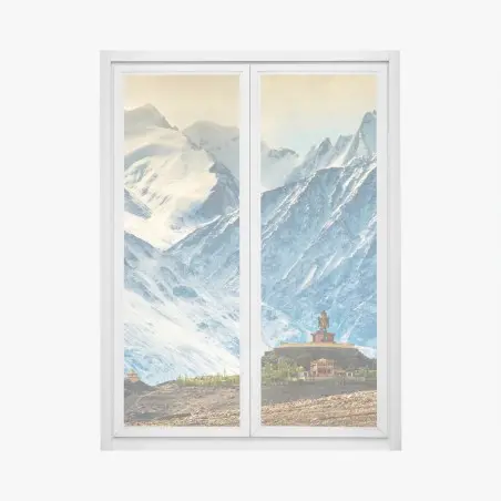 Sticker pour vitres et fenêtres temple solitaire au pied des montagnes enneigées – Wallnifity®