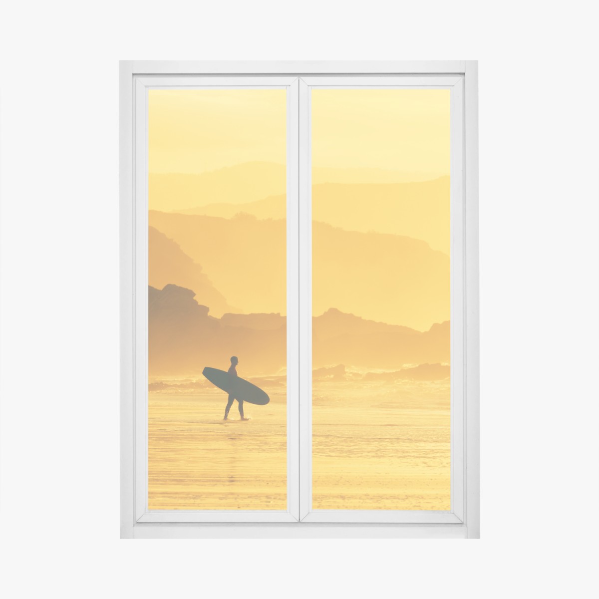 Sticker pour vitres et fenêtres silhouette de surfeur au coucher de soleil doré – Wallnifity®