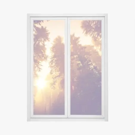 Sticker pour vitres et fenêtres forêt brumeuse aux rayons dorés – Wallnifity®