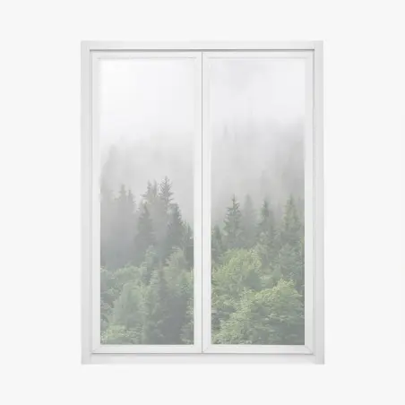 Sticker pour vitres et fenêtres brume mystérieuse sur la forêt de conifères – Wallnifity®