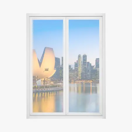 Sticker pour vitres et fenêtres panorama crépusculaire de Marina Bay, Singapour – Wallnifity®