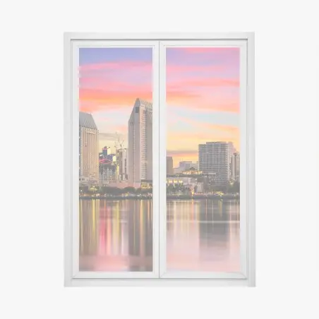 Sticker pour vitres et fenêtres coucher de soleil sur San Diego, skyline réfléchie – Wallnifity®