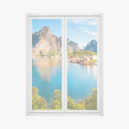 Sticker pour vitres et fenêtres village côtier au pied des montagnes – Wallnifity®