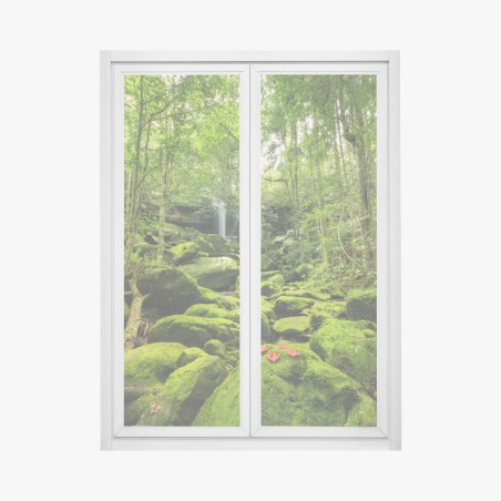 Sticker pour vitres et fenêtres cascade et mousse verte dans la forêt tropicale – Wallnifity®