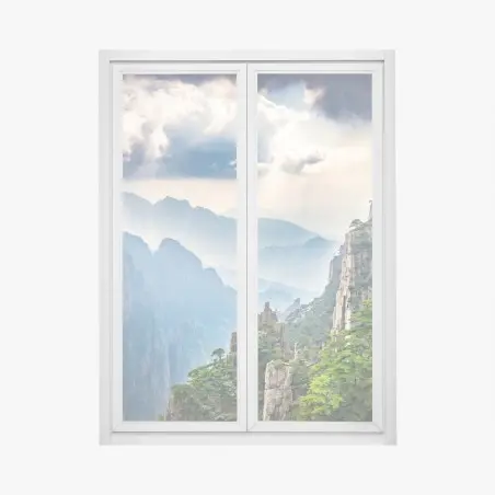 Sticker pour vitres et fenêtres panorama de montagnes embrumées et pins – Wallnifity®
