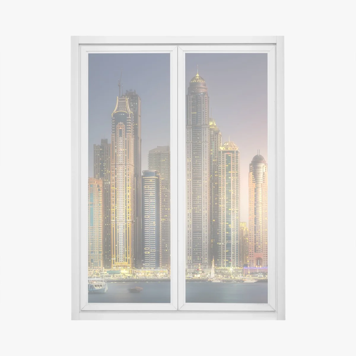 Sticker pour vitres et fenêtres panorama urbain de Dubaï au crépuscule – Wallnifity® Sticker pour vitres et fenêtres panorama urbain de Dubaï au crépuscule – Wallnifity®