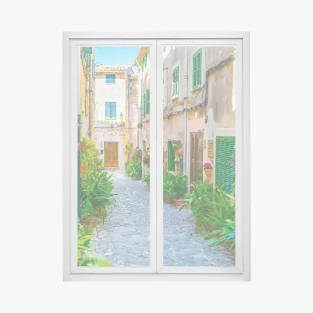 Sticker pour vitres et fenêtres ruelle méditerranéenne fleurie aux volets verts – Wallnifity®