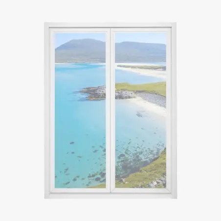 Sticker pour vitres et fenêtres plage sauvage aux eaux turquoise et falaises verdoyantes – Wallnifity®