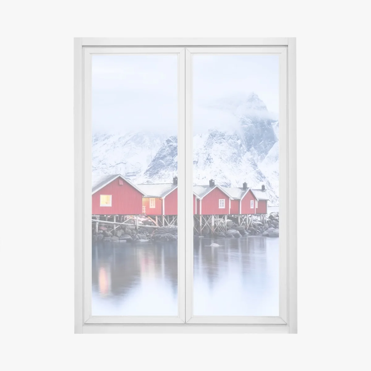 Sticker pour vitres et fenêtres maisons rouges sur le fjord des îles Lofoten – Wallnifity® Sticker pour vitres et fenêtres maisons rouges sur le fjord des îles Lofoten – Wallnifity®