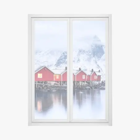 Sticker pour vitres et fenêtres maisons rouges sur le fjord des îles Lofoten – Wallnifity®