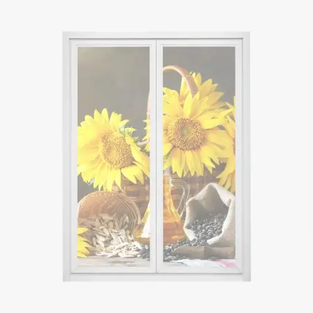 Sticker pour vitres et fenêtres bouquet de tournesols, graines et huile sur table rustique – Wallnifity®