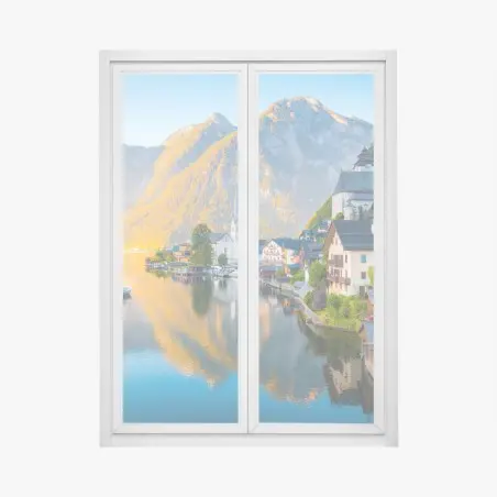 Sticker pour vitres et fenêtres Hallstatt village lacustre alpin au lever du soleil – Wallnifity®