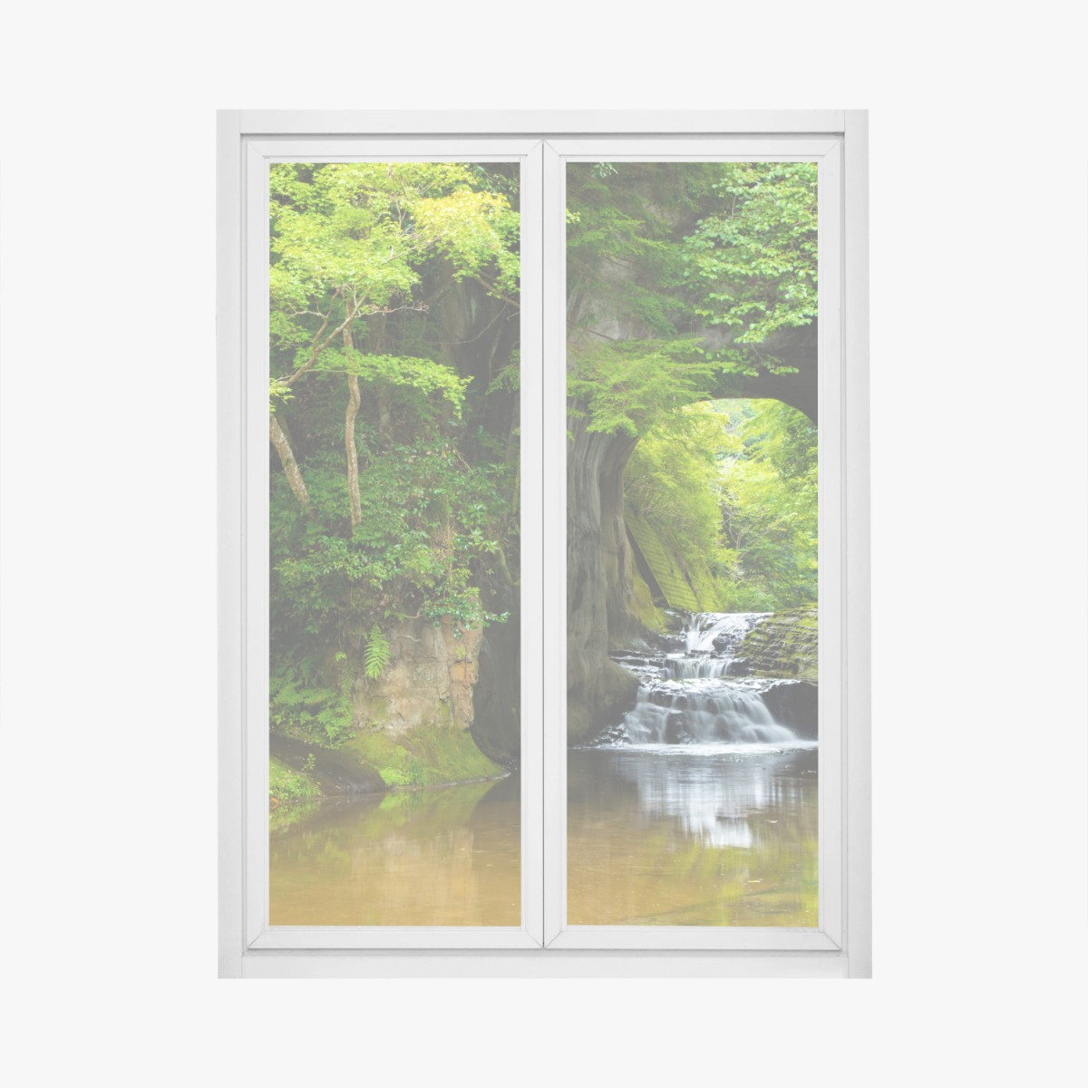 Sticker pour vitres et fenêtres cascade sous une arche naturelle en forêt – Wallnifity®