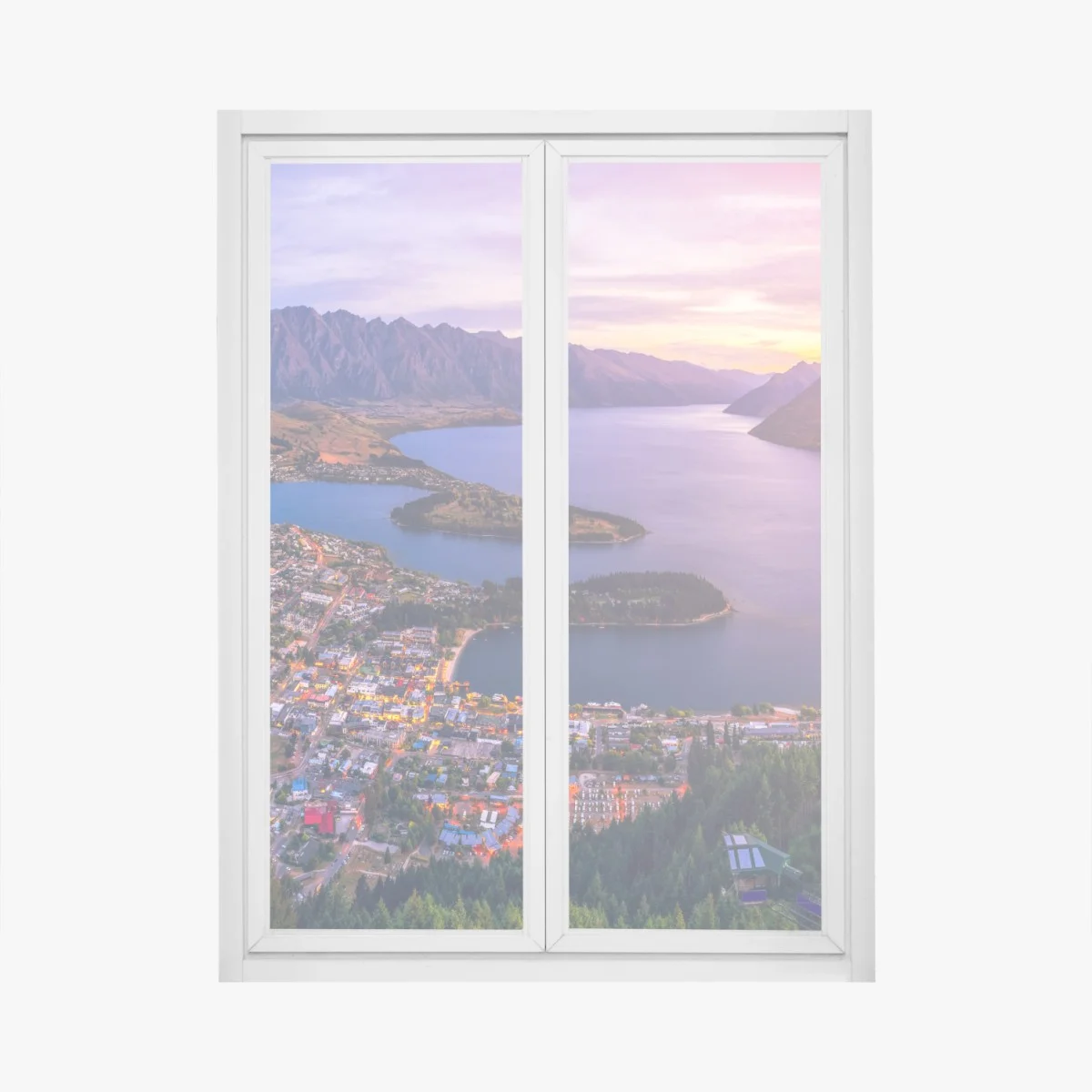 Sticker pour vitres et fenêtres crépuscule sur Queenstown : panorama lacustre – Wallnifity® Sticker pour vitres et fenêtres crépuscule sur Queenstown : panorama lacustre – Wallnifity®