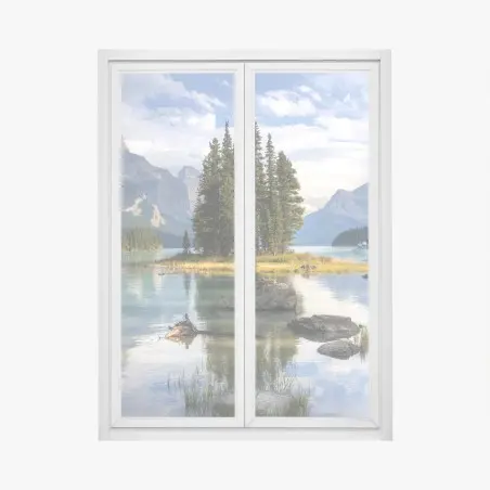 Sticker pour vitres et fenêtres île boisée sur lac alpin aux eaux turquoises – Wallnifity®
