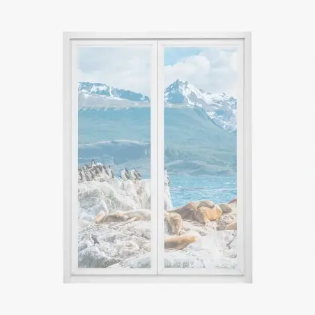 Sticker pour vitres et fenêtres colonie d'otaries et d'oiseaux marins au pied des montagnes – Wallnifity®