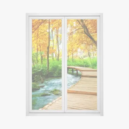 Sticker pour vitres et fenêtres chemin en bois au bord des lacs de Plitvice en automne – Wallnifity®