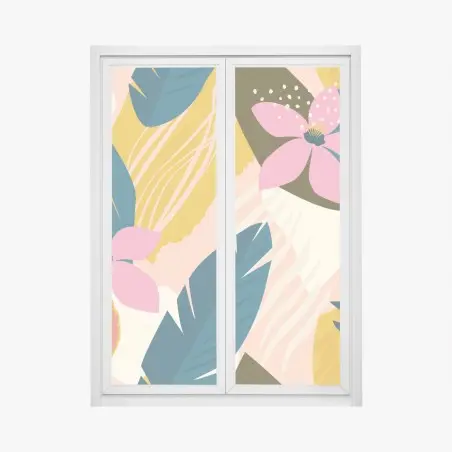 Sticker pour vitres et fenêtres jardin tropical abstrait aux fleurs roses – Wallnifity®