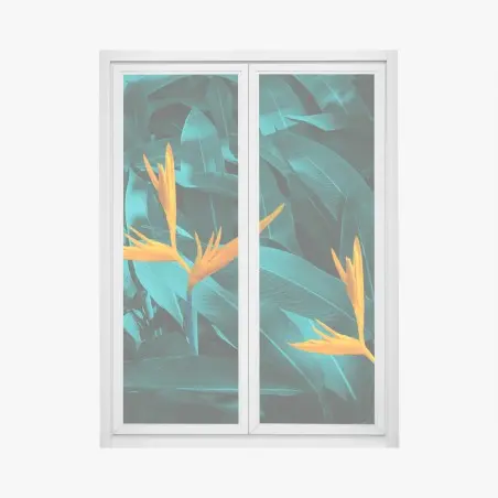 Sticker pour vitres et fenêtres oiseaux de paradis sur feuillage turquoise – Wallnifity®
