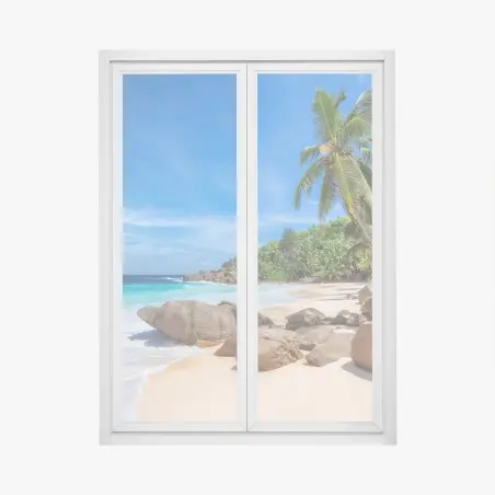 Sticker pour vitres et fenêtres plage paradisiaque aux palmiers et rochers granitiques – Wallnifity®