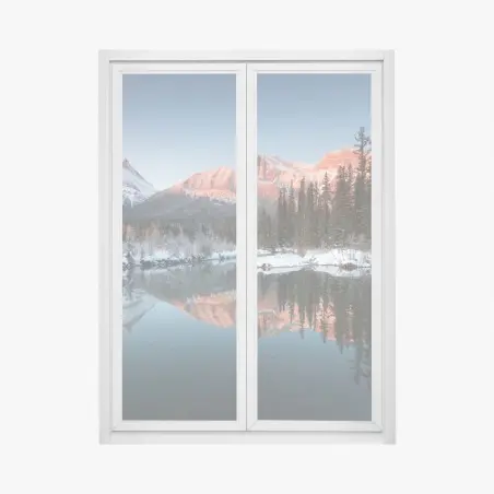 Sticker pour vitres et fenêtres aurore sur montagnes enneigées et reflet paisible – Wallnifity®