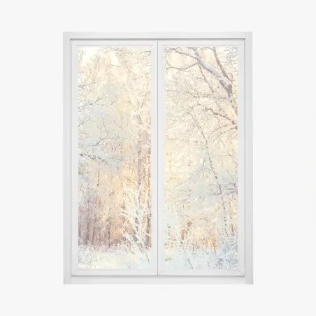 Sticker pour vitres et fenêtres forêt enneigée au soleil couchant – Wallnifity®