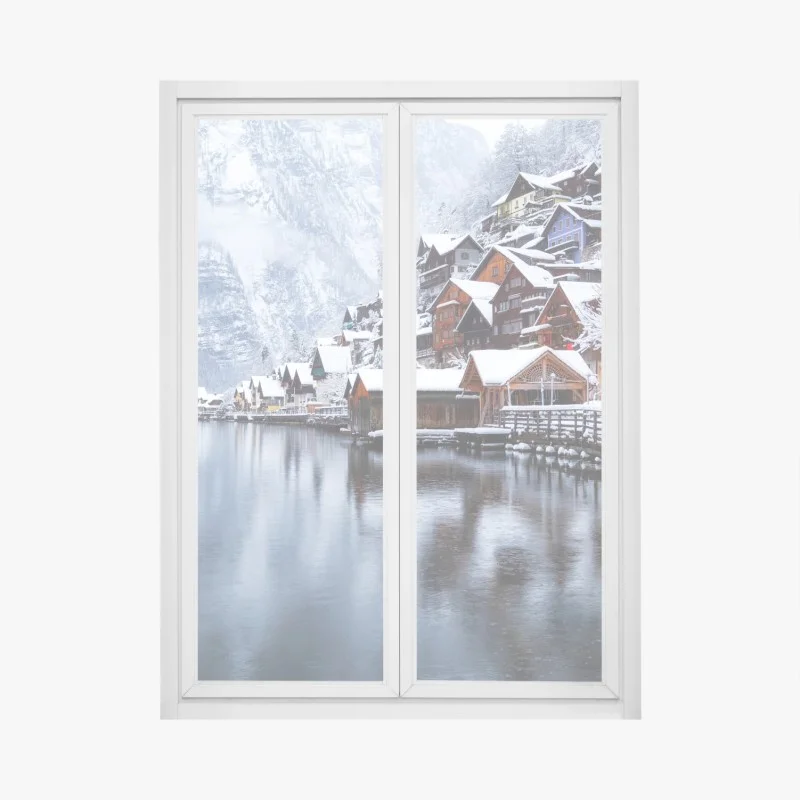 Sticker pour vitres et fenêtres panorama hivernal de Hallstatt au bord du lac – Wallnifity®