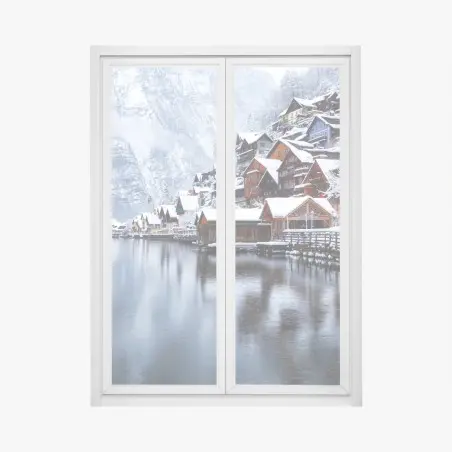Sticker pour vitres et fenêtres panorama hivernal de Hallstatt au bord du lac – Wallnifity®