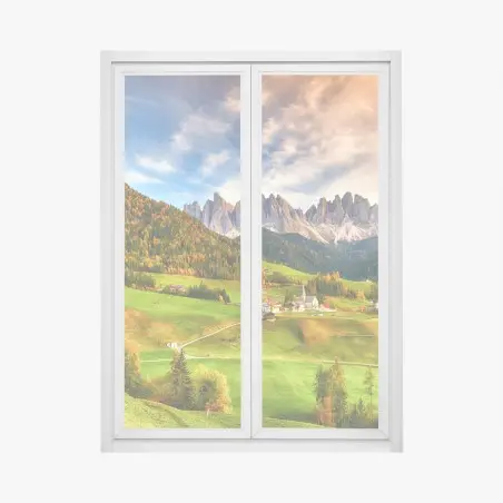 Sticker pour vitres et fenêtres lever de soleil sur Santa Maddalena, Dolomites en automne – Wallnifity®