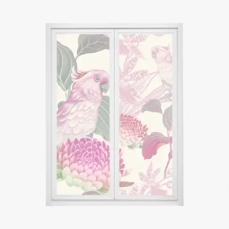 Sticker pour vitres et fenêtres motif tropical élégant aux oiseaux et fleurs roses – Wallnifity®