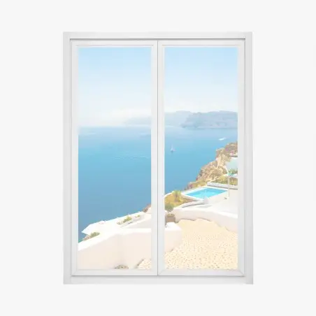 Sticker pour vitres et fenêtres escaliers blancs et mer azur à Santorin, Grèce – Wallnifity®