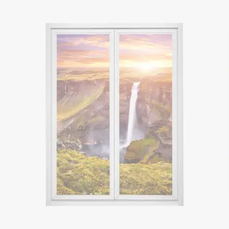 Sticker pour vitres et fenêtres cascade majestueuse de Haifoss en Islande au coucher de soleil – Wallnifity®