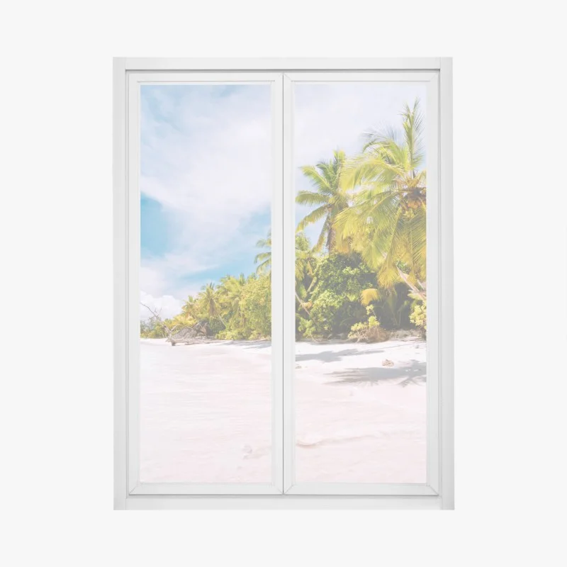 Sticker pour vitres et fenêtres plage tropicale ensoleillée bordée de palmiers – Wallnifity®