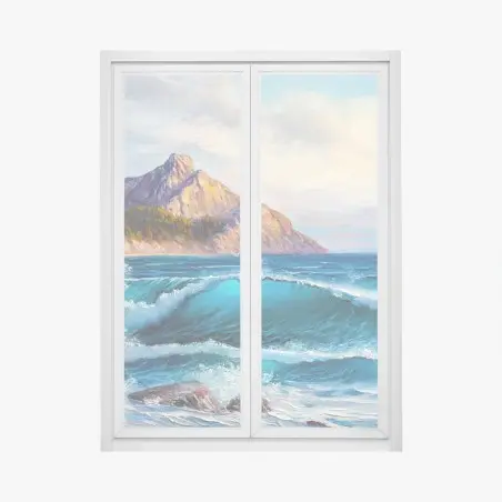 Sticker pour vitres et fenêtres vagues turquoises et falaises dorées – Wallnifity®