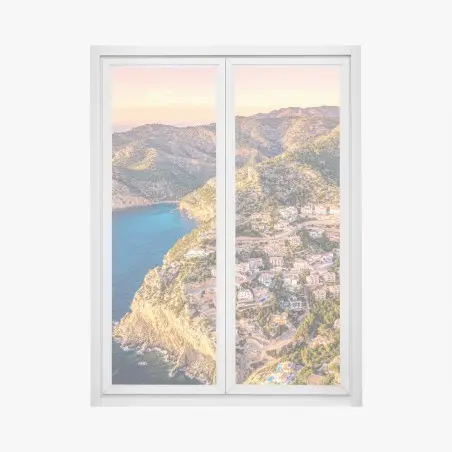 Sticker pour vitres et fenêtres villages perchés sur falaises au crépuscule – Wallnifity®