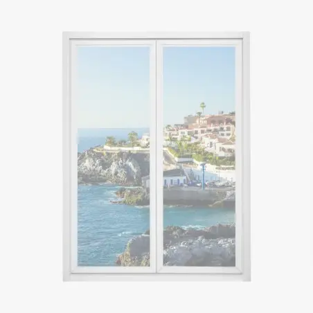 Sticker pour vitres et fenêtres village côtier ensoleillé sur la falaise – Wallnifity®